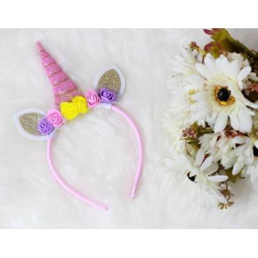 Imagem de Tiara Infantil Juvenil Unicórnio Rosa Com Orelhas E Flores - Pingo De 