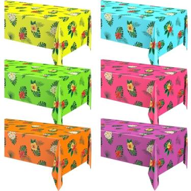Imagem de Oudain 6 peças de toalhas de mesa havaianas com folhas de palmeira tropicais, decorações de festa do Havaí, capas de mesa retangulares para verão, piscina, praia, aloha, safári, selva, aniversário