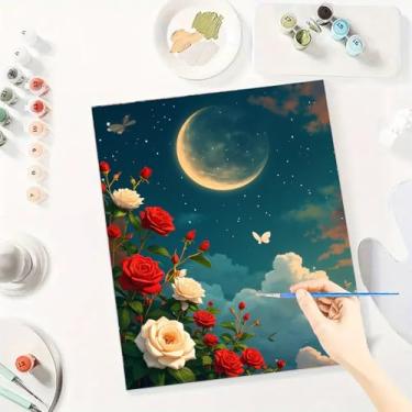 Imagem de Huacan Kit de pintura por números para adultos iniciantes sem moldura DIY flores desenho em tela kit de pintura acrílica feito à mão com 3 pincéis 40 x 50 centímetros