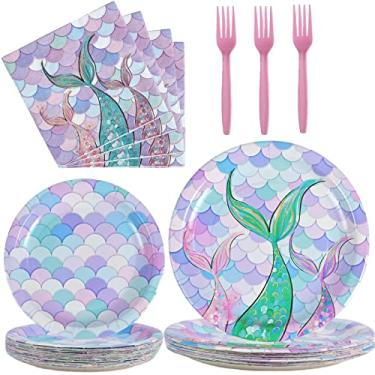 Imagem de Pratos e guardanapos de papel de sereia para festa infantil, roxo, cauda de sereia, conjunto de pratos temáticos, garfos, utensílios de mesa descartáveis, meninas, aniversário, sobremesa, chá