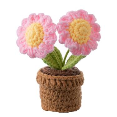 Imagem de Flores de crochê feitas à mão, vasos de plantas pequenas, decorações de mesa de malha para decoração de escritório em casa (dois girassóis)