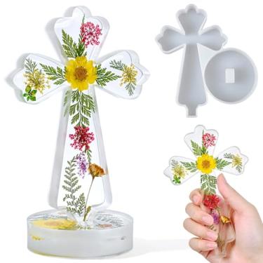 Imagem de Moldes de resina cruzada de silicone com base 17 cm religiosa em pé molde de silicone para fundição de resina epóxi crucifixo chique batismo vela artesanato moldes de gesso fresco molde cristão