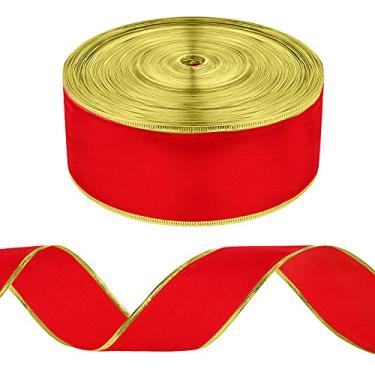 Imagem de 50 jardas 6,5 cm de veludo vermelho de Natal com fio de tecido fita decorativa fita de embrulho de presente para artesanato faça você mesmo laços de férias de Natal guirlanda casamento interno externo (vermelho com acabamento dourado)