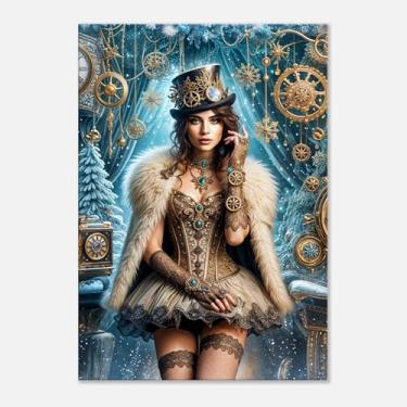 Imagem de PUREVACY Arte de parede da rainha da neve steampunk. Arte em tela de inverno para sala de estar, quarto. Arte dourada e azul para estilo acima da cama Tamanho vertical 70 x 100 cm / 28 x 40 ″