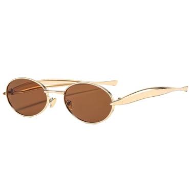 Imagem de Long Keeper Óculos de sol oval retrô de metal para mulheres e homens, óculos de sol modernos de sardinha dos anos 70, armação de metal dourado UV400, Dourado, marrom
