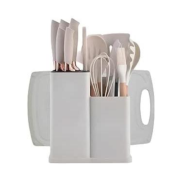 Imagem de Conjunto de Utensílios de Cozinha 19 Peças, Cabo em Madeira, Facas, Suporte e Tábua, Resistente até 230° (Branco.)