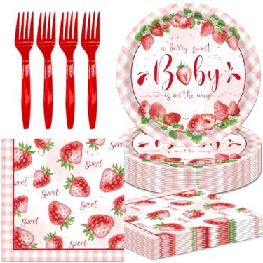 Imagem de 48 peças de decoração de aniversário de morango, suprimentos temáticos de morango, uma fruta doce está a caminho, pratos de papel, guardanapos e garfos para meninas chá de bebê, adequado para 16