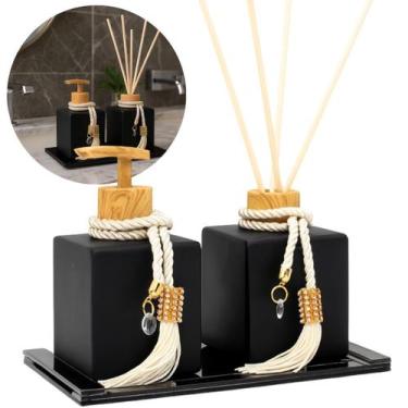 Imagem de Kit Lavabo Luxo em Vidro Preto 250ml Com Bandeja Moldurada Saboneteira