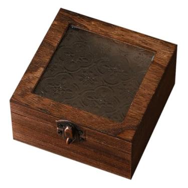 Imagem de Generic Caixa de armazenamento de madeira, organizador, presentes decorativos com tampa de vidro, caixa de presente, ornamento para sala de estar, entrada, Quadrado Marrom Escuro