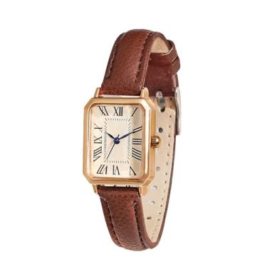 Imagem de BESTKANG Relógio feminino com pulseira de couro, elegante, delicado, vintage, retangular, relógio de pulso de quartzo, Dourado, marrom, Vintage