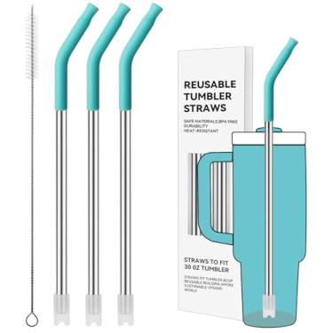 Imagem de Prurex Canudos de metal reutilizáveis com ponta de silicone para Stanley 850 g, canudos de aço inoxidável para copo de 850 g, 3 tubos retos e 6 pontas e 1 escova Cleanr (jade)