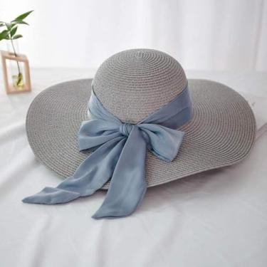 Imagem de Chapéu De Sol Chapéu De Palha Moda Feminina Chapéus De Sol Chapéu De Palha Fita Feminina Nó De Laço De Aba Larga Chapéu De Praia Casual Shade Cap, Grey, 6 7/8-7 1/8