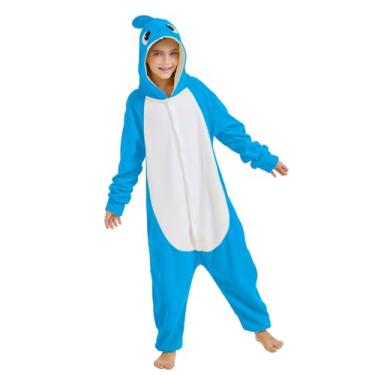 Imagem de Markest Pijama unissex de tubarão para crianças, cosplay, cosplay, roupa de Halloween, roupa de dormir para adolescentes, peça única, Azul, M