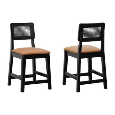 Imagem de Kit 2 Banquetas Baixa/Cadeira Gabi Madeira Maciça Encosto Telinha Assento Estofado - Preto - Assento Estofado Corano Caramelo