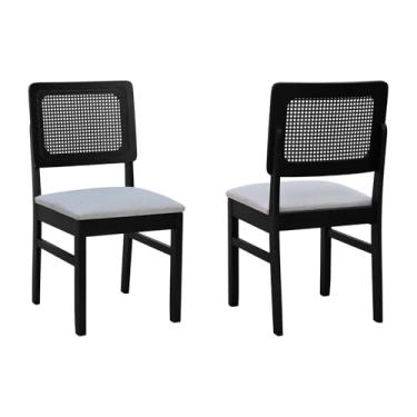 Imagem de Kit 2 Cadeiras Madeira Maciça Lyon Encosto Telinha - Preto - Assento Estofado Linho Bege Mescla Impermeável