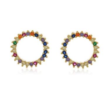 Imagem de Brinco Redondo Pedras Zircônias Coloridas Semi Joia Banhado Ouro 18k -
