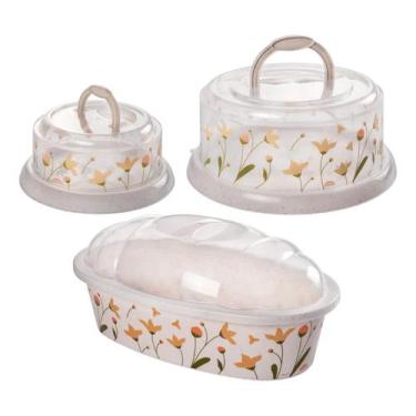 Imagem de Kit Boleira suporte Queijeira Porta Pão C/ Tampa 3 Pçs Flor - Plasútil
