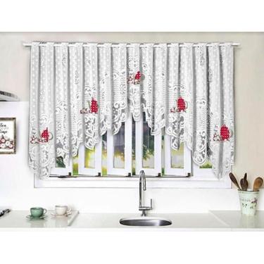 Imagem de Cortina Renda Cascata Cozinha Branca Bule Vermelho 3X100 Alt - Interla