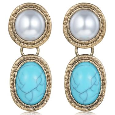 Imagem de Dlknp Brincos vintage de pérola ocidental para mulheres, brincos ovais, turquesa, cowgirl, country, shows, joias, presentes, Medium, Latão, Sem pedra preciosa