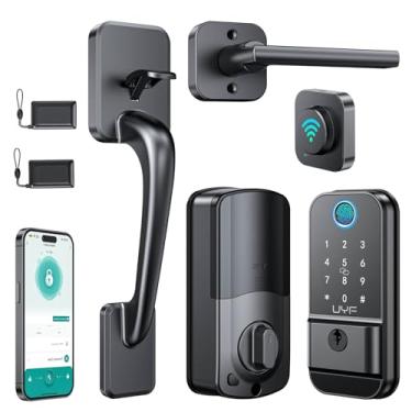 Imagem de Conjunto de fechadura de porta frontal WiFi: fechadura de porta com teclado de entrada sem chave de impressão digital inteligente com alça e fechadura eletrônica digital Bluetooth com controle remoto