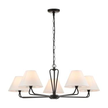 Imagem de VILUXY Candelabro preto para casa de fazenda lustre moderno de 5 luzes com sombra de tecido branco 89 cm grande sala de jantar luminária pendente ajustável para cozinha ilha sala de estar, listado na