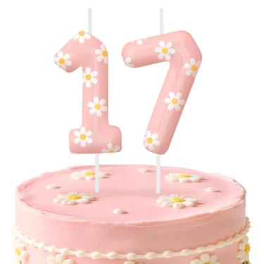 Imagem de Velas de aniversário rosa número 17, enfeite de bolo com tema de margarida para meninos e meninas, decorações de aniversário, suprimentos de festa, velas numéricas para decoração de festa