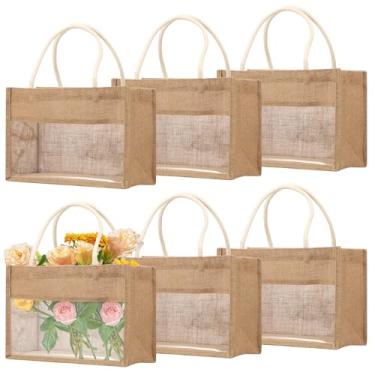 Imagem de DJAPWPX Sacola de 6 peças de estopa com janela de PVC transparente, sacola de compras de serapilheira de grande capacidade, reutilizável, faça você mesmo, em branco, sacola de compras com alça para