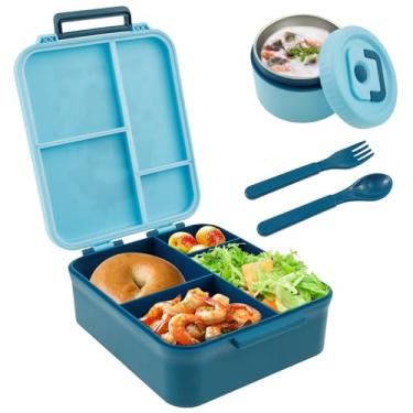 Imagem de Caixa de comida infantil com frasco térmico, trava de tampa selada e recipiente de alimentos para separação de saída de ar para meninos escolares (azul, estilo 1)
