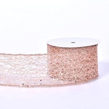Imagem de YAMA Fita com fio de malha brilhante champanhe 6 cm 10 metros, fita de malha brilhante champanhe para embrulho de presente, artesanato, árvore de Natal, guirlandas de Halloween, laços de festa