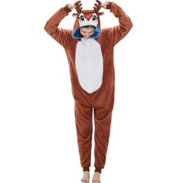 Imagem de SWEETXIN Pijama adulto unissex macacão Halloween Natal cosplay terno para mulheres e homens, Rena marrom, GG