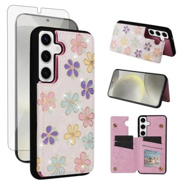 Imagem de Asuwish Capa de telefone para Samsung Galaxy S25 5G carteira celular com protetor de tela de vidro temperado flor luxuosa porta-cartão de crédito suporte suporte S 25 25S 25 25S SM-S931U mulheres