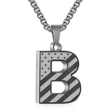 Imagem de Zocomi Colar com pingente de inicial da bandeira americana para homens e meninos, corrente de aço inoxidável 316L A-Z caixa de letras 50 + 5 cm joias presentes, Aço inoxidável, Sem Pedra Preciosa