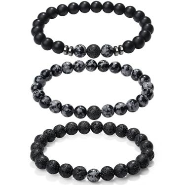 Imagem de XIANNVXI Pulseira masculina de contas 3/4 peças 8 mm conjunto de pulseiras de contas de pedra para homens olho de tigre Lava Rock Obsidiana Pulseira de cristal preto com contas elásticas para homens