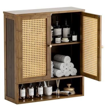 Imagem de HITNET Armário de remédios de bambu, armário de banheiro montado na parede com prateleira ajustável, organizador de armazenamento suspenso de porta de vime duplo sobre vaso sanitário para entrada