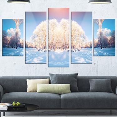 Imagem de Designart Arte de parede de metal brilhante horizontalmente virada para árvores de inverno extra grande litoral, 60x32-5 painéis em forma de diamante