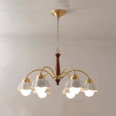 Imagem de Lustre moderno de 3 luzes de meados do século, vidro branco, luz pendente de madeira, dourado, Sputnik, floral, flor, lustre para meninas, quarto, sala de estar, sala de jantar, cozinha, hal