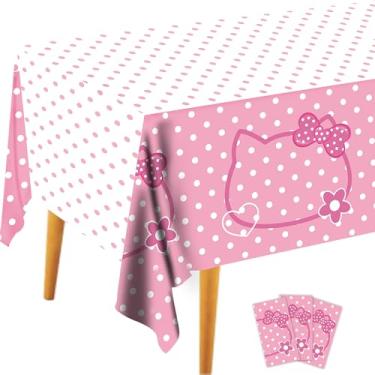 Imagem de Toalha de mesa com laço rosa de 3 quilates, toalha de mesa fofa com bolinhas de gatinho, retangular, descartável, branco, rosa, à prova de manchas, decoração de festa para meninas, aniversário, chá de