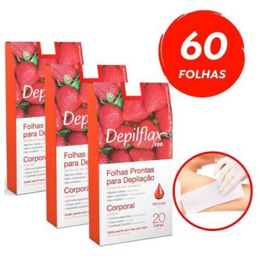 Imagem de Kit c/ 60 Folhas Prontas Depilação Corporal Depilflax Morango 3cx c/ 2