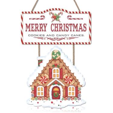 Imagem de LHIUEM Decoração de casa de gengibre feliz Natal para decoração de placa de madeira de Natal (43 x 30 cm) arte de parede de bengalas de doces de Natal, placa de porta suspensa de festa de inverno para