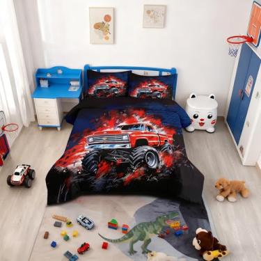 Imagem de CCoutueChen Conjunto de edredom de carro, tamanho Queen, desenho animado tie dye, caminhão, vermelho, preto, com estampa de roda, para crianças, adolescentes, meninos, leve, 3 peças