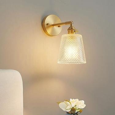 Imagem de Luminária de parede moderna de vidro transparente, luminária de parede ajustável dourada com interruptor giratório de latão, luminária de parede vintage elegante de vidro transparente soprad