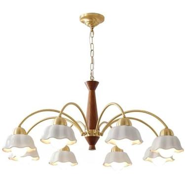 Imagem de Lustre moderno de 3 luzes de meados do século, vidro branco, luz pendente de madeira, dourado, Sputnik, floral, flor, lustre para meninas, quarto, sala de estar, sala de jantar, cozinha, hal