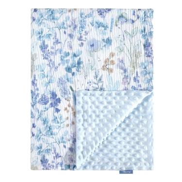 Imagem de TILLYOU Cobertores de bebê para meninas e meninos, cobertor de bebê com camada dupla de pelúcia macia, frente de algodão musselina minky e fundo pontilhado 76 cm x 101 cm, flor azul