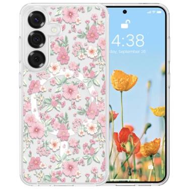 Imagem de RALEAVO Capa para Samsung Galaxy S24 compatível com MagSafe Clear Floral Pattern Design Cute Cover for Girls Women Slim Magnetic Hard Back Shockproof for S24, Pink Flowers