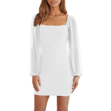 Imagem de Vestido Wenrine Mesh, manga comprida, gola quadrada, Bodycon, branco