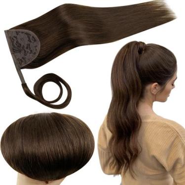 Imagem de Extensão de rabo de cavalo RUNATURE, cabelo humano liso, marrom, 30 cm