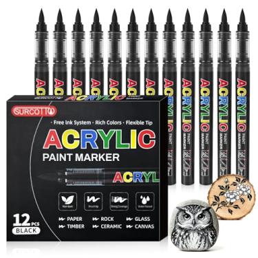 Imagem de Surcotto 12 marcadores de tinta acrílica preta, canetas e marcadores de ponta de pincel macio, canetas de tinta acrílica para madeira, pedra, tela, vidro, tecido, ovo, pintura rupestre e materiais de