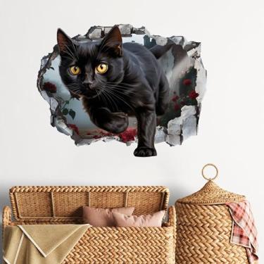 Imagem de OLMIXA Decalques de parede de gato preto 3D (74 x 57,9 cm), adesivos de parede de gato quebrando a parede para amantes de gatos, arte de parede de vinil para quarto sala de estar Halloween decoração