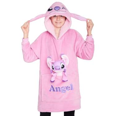 Imagem de Disney Cobertor de lã com capuz Stitch com pelúcia para crianças adolescentes Eeyore Angel Minnie Mouse Kids moletom com capuz grande, Anjo rosa, One Size