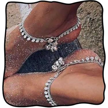 Imagem de Fstrend Corrente de tornozeleira com borlas Boho com pingente de lantejoulas prateadas, sino de verão, praia, festival, joias, joias para mulheres e meninas